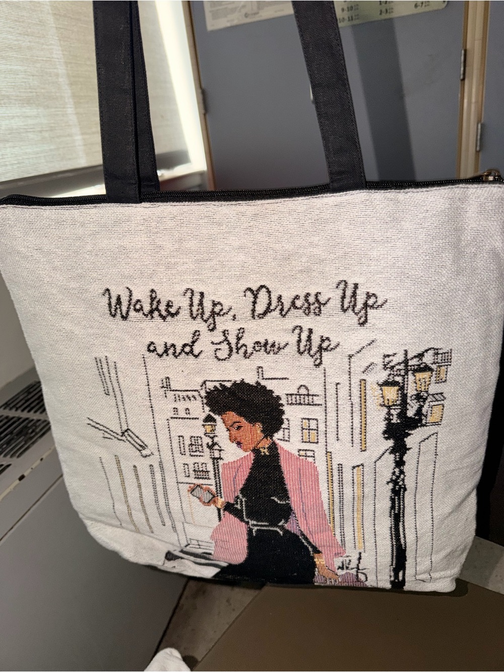Canvas Tote Bag with Pink Illustration - Wake Up Dress Up and Show Up - Picture 5 of 8